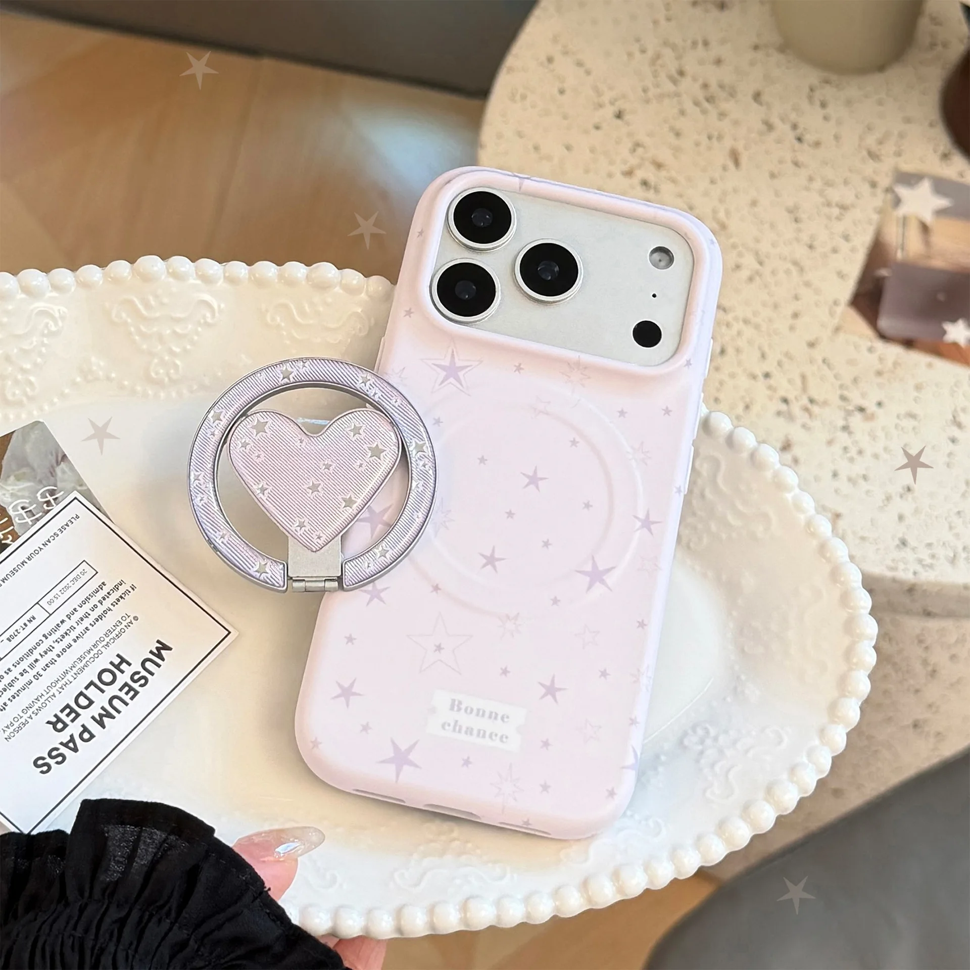 Korean Purple Stars Fold Love Heart Magnetic Bracket Phone Case for iPhone 17 16 15 14 Pro Max Shockproof Protective Soft Cover view 2