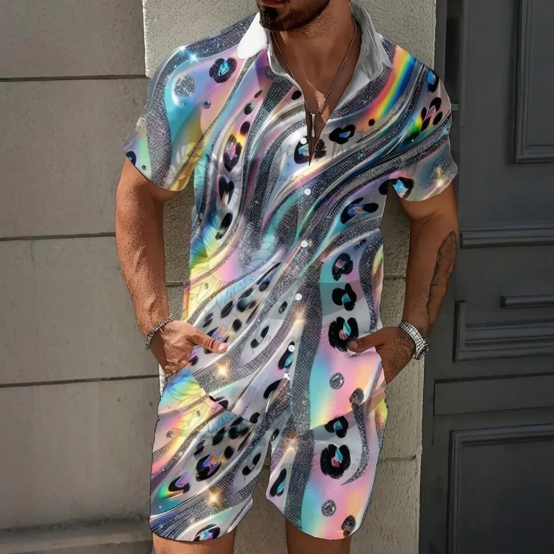 Gradient Men's Shirt Set 3D Print Fashion Short Sleeve Shirt Top Outdoor Shorts Hawaii Summer Men's Clothing Two Piece Set