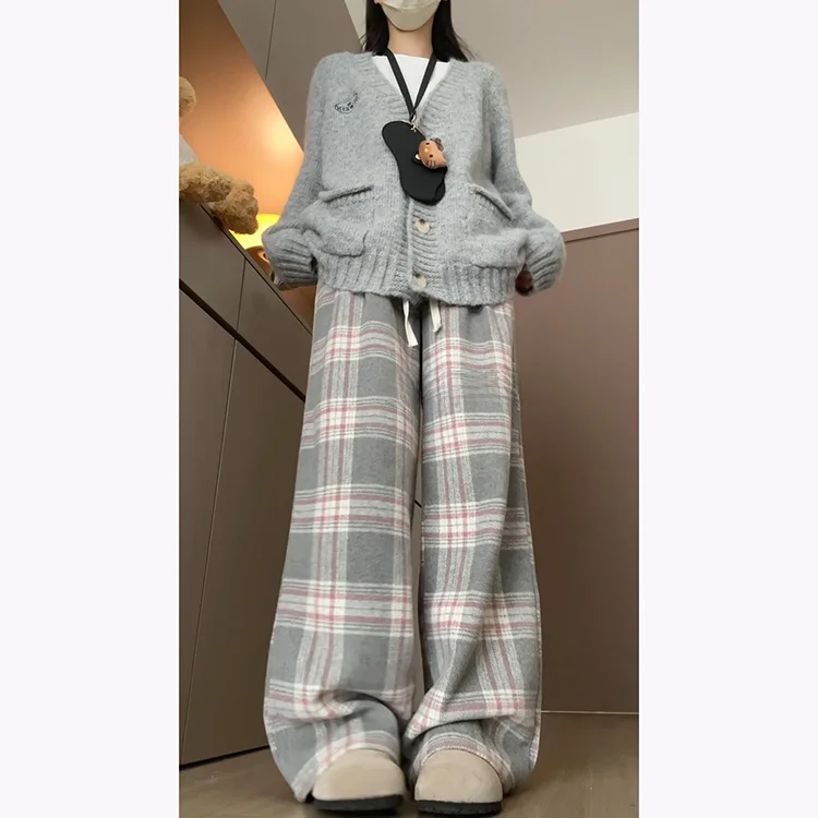 Różowe spodnie w kratę z tweedu dla kobiet, jesień-zima 2025, nowe, małe rozmiary, wyszczuplające, z wysokim stanem, codzienne spodnie z szerokimi nogawkami.