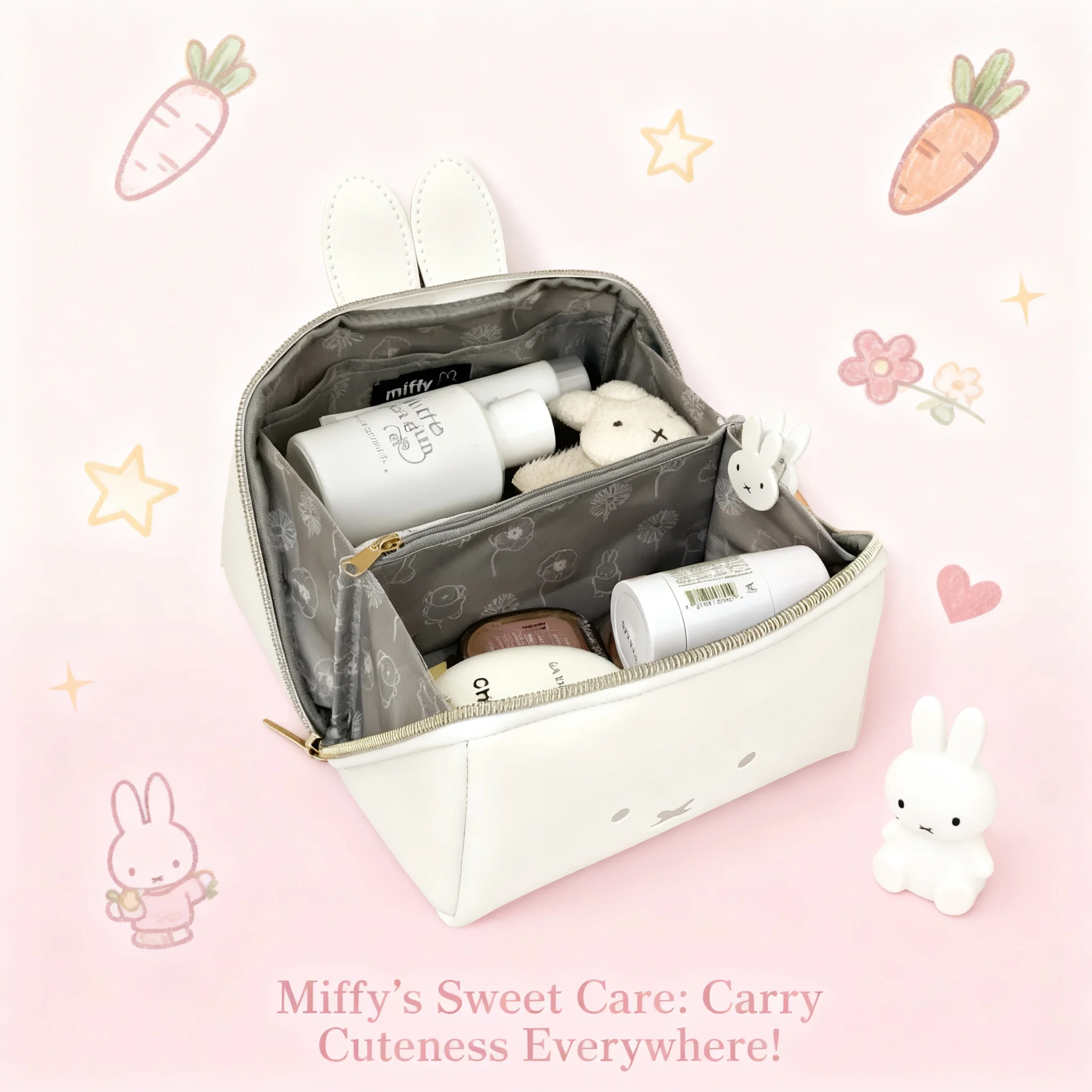 Miffy Kawaii Large Capacity PU Leather Waterproof Portable Handheld Makeup Bag Storage Organizer Stationery Gift Toy Bag