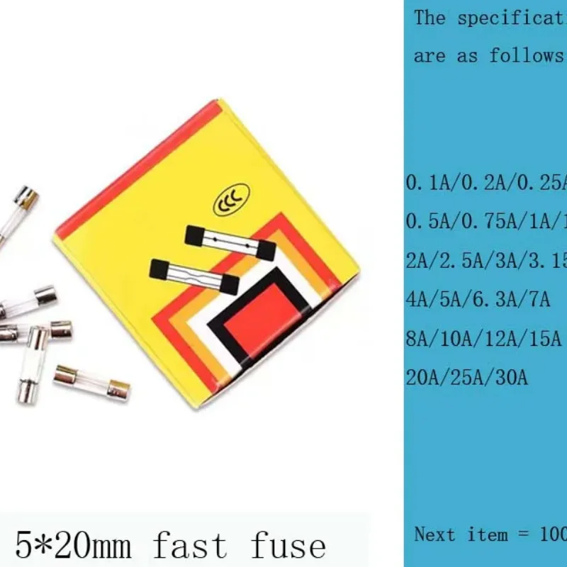 

NEW original 100pcs 5*20mm Fast Glass Fuse 250V 5*20 0.2A/0.25A/0.5A/1A/2A/3A/3.15A/4A/5A/6A/7A/8A/10A/12A/15A/20A/25A/30A