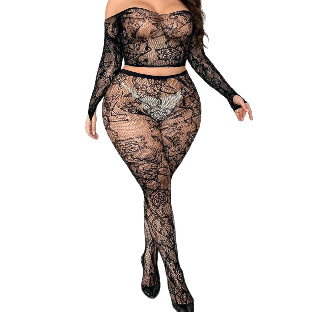 Women High Elastic Floral Lace 2Pcs Outfit, Off Shoulder Long Sleeve Crop Top & Tights Beach Cover Up, No Bikini Included