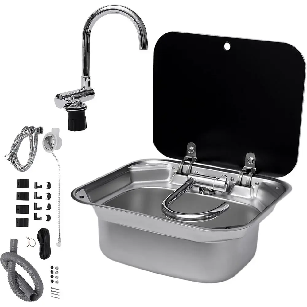 Stainless Steel RV Sink with Folded Faucet,Drop-in Hand Wash Basin for Camper Van, Trailer, Boat, Outdoor Kitchen Bar Sink, Temp