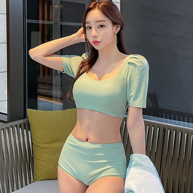 High Waist Women's Bikini Set Padded Short Sleeve Biquini Two Pieces Swimwear Green Swimsuit Bathing Suit 2024 Korean Design