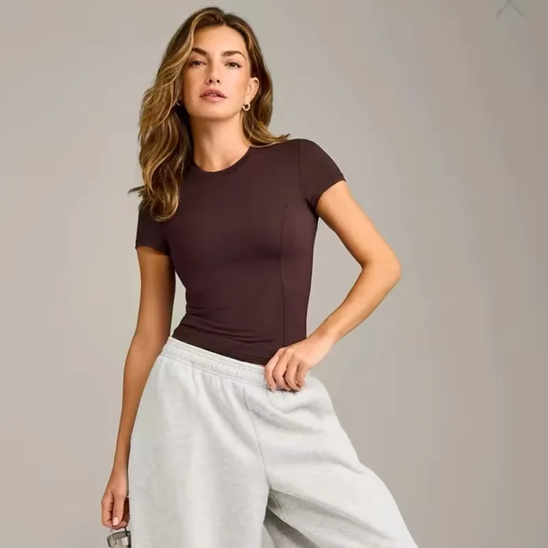 Womens Curved Hem Short Sleeve Crop Top Crew Neck Slim Fit Soft Stretch Yoga Gym Workout Daily Casual Active Tee