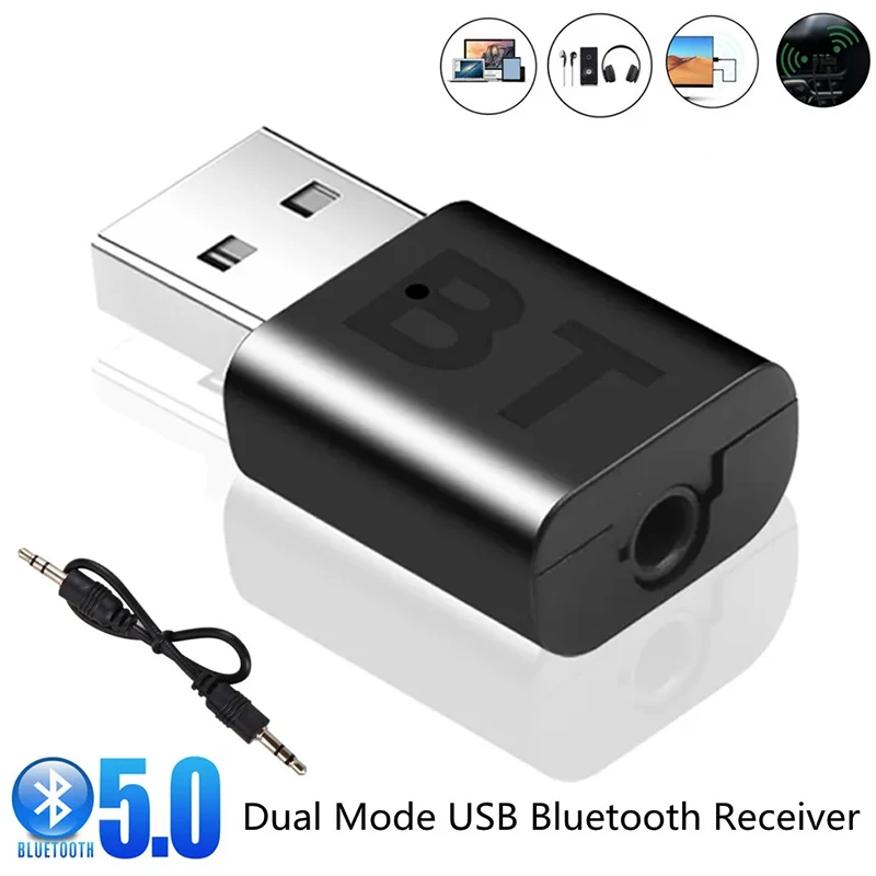 USB Bluetooth 5.0 Receiver Wireless Bluetooth Adapter 3.5mm AUX Jack for PC Car Music AUX Stereo Audio Adapter for TV Headphones