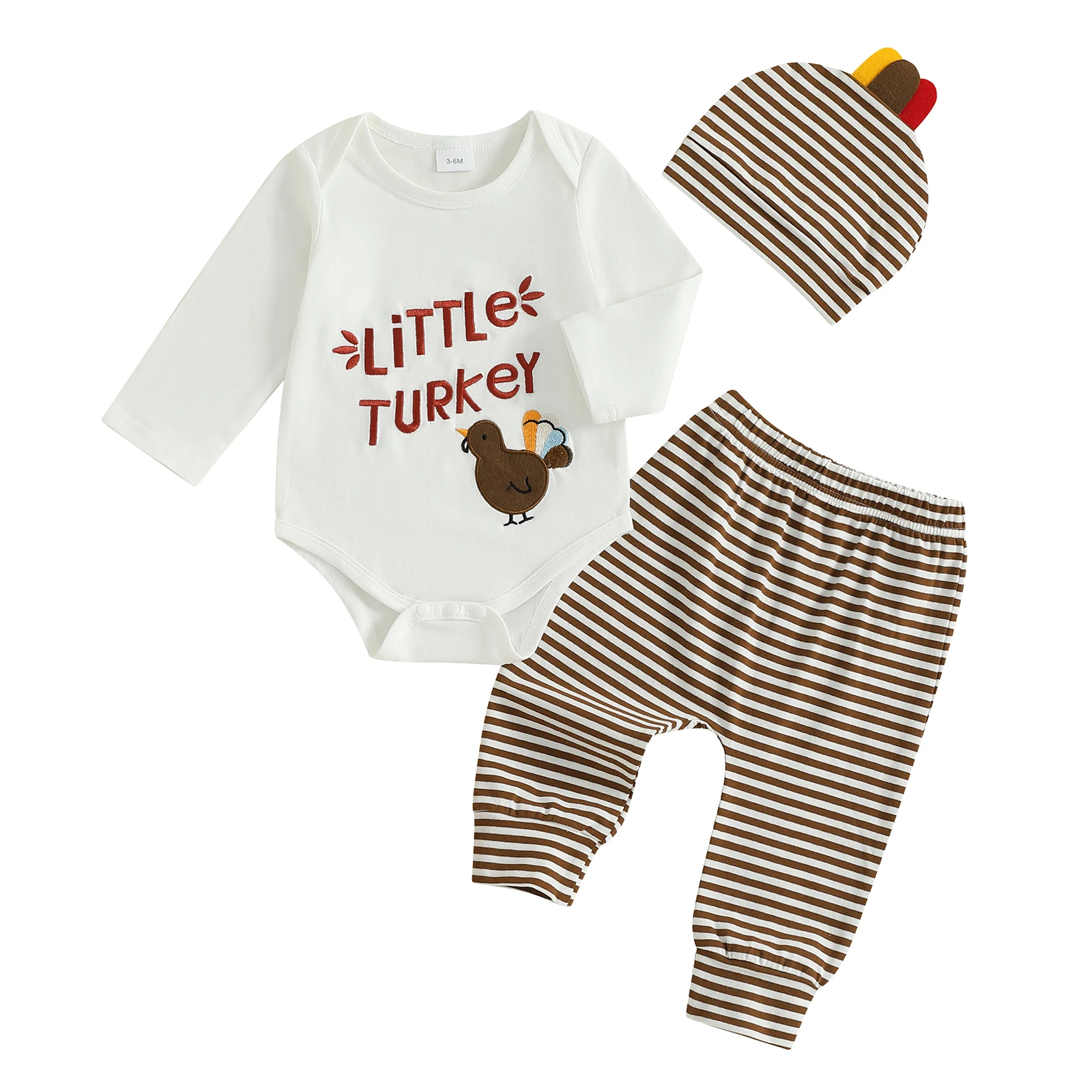

Baby Boy Thanksgiving Outfit Turkey Embroidery Long Sleeve Romper Elastic Pants and Hat 3 Pcs Set
