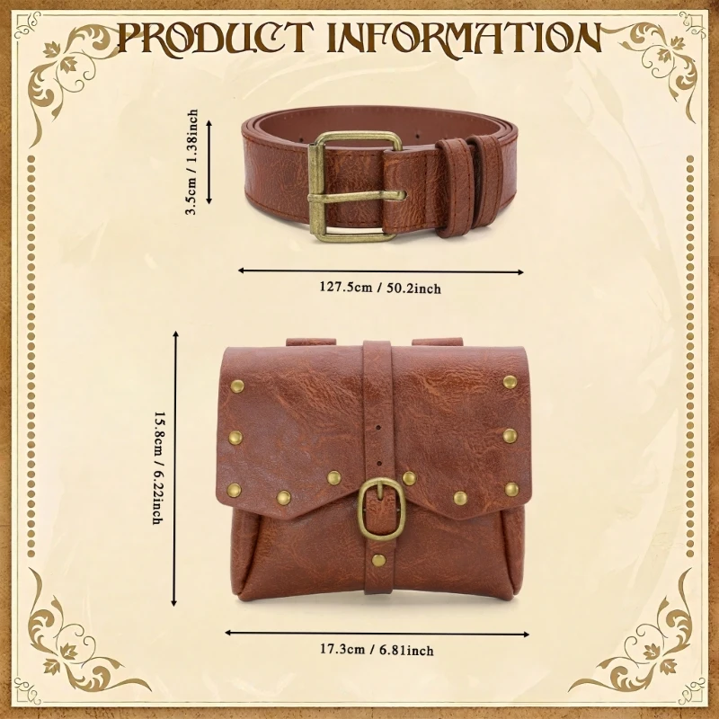  Distressed Waist Bag Belt Set for Adults, Adjustable PU Flap Bag Accessory for Halloween Role Play, Stage Use and Photos