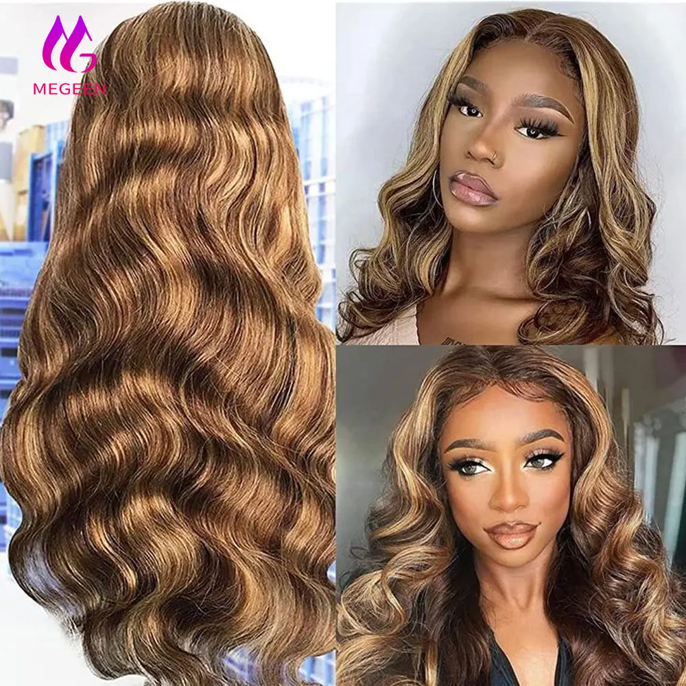 

Megeen Body Wave 100% Human Hair Highlight P427 Colored 13X4 Lace Front Wig Human Hair Pre Plucked Honey Blonde Lace Front Wig