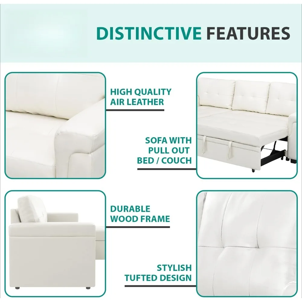 أريكة منزلية قابلة للعكس على شكل حرف L، مع سرير نوم قابل للسحب وكرسي تخزين، جلد هوائي أبيض #3