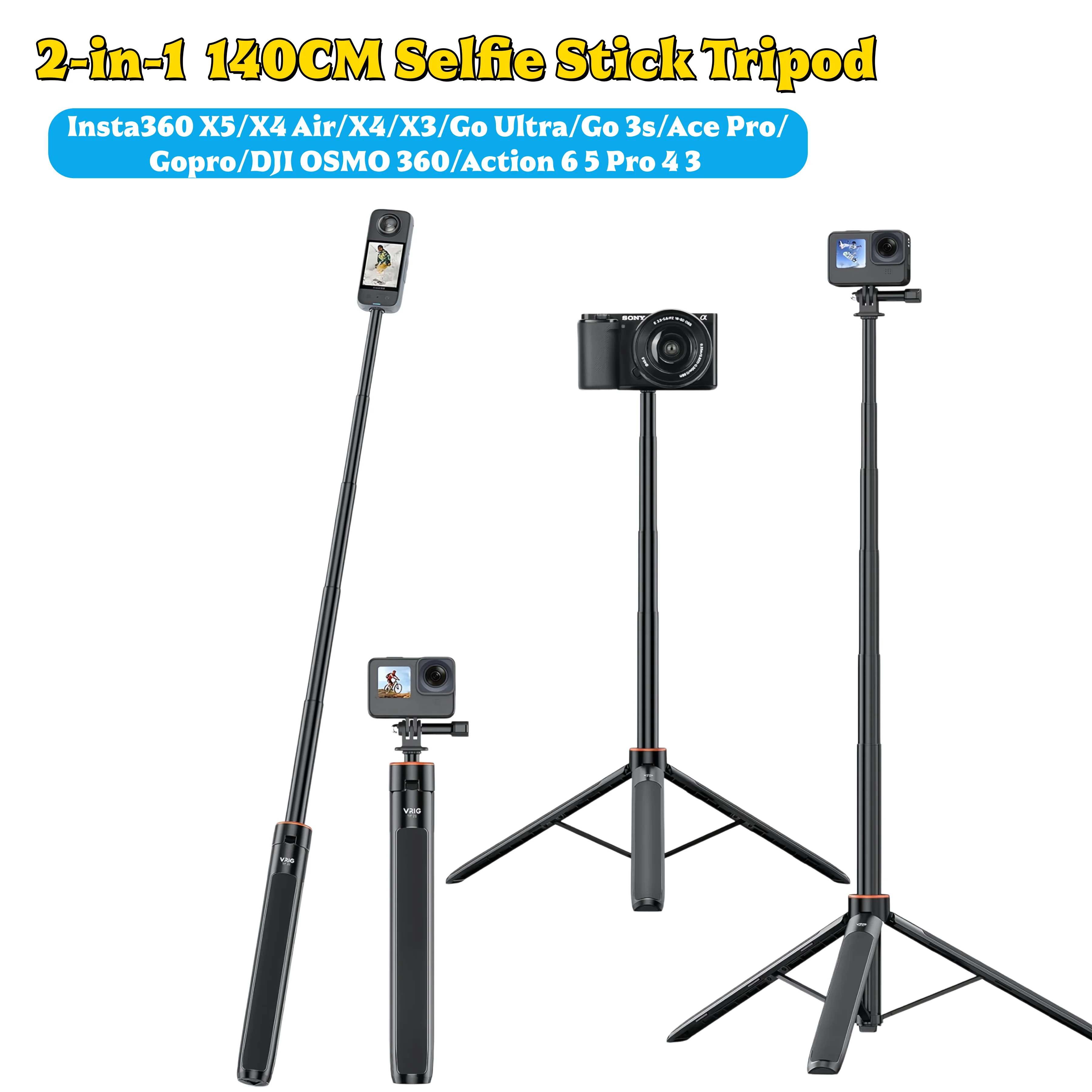 

Штатив-монопод Vrig 140 см с регулировкой длины для Insta360 X5/X4 Air/X4/X3/Go Ultra/Go 3s/Ace Pro/Gopro/DJI OSMO 360