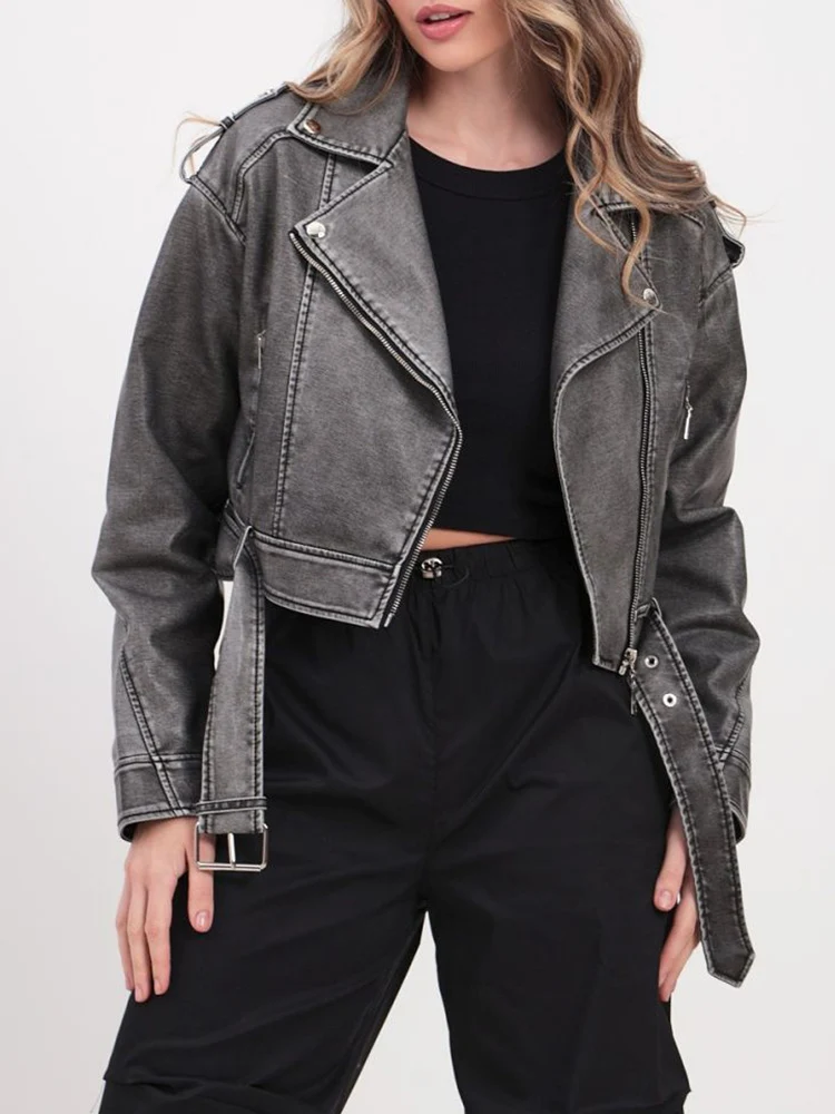 Ailegogo Streetwear Women Loose Belt Short Pu Faux Leather Jacket Spring Autumn Female Retro Chic Moto Biker Coat Outwear