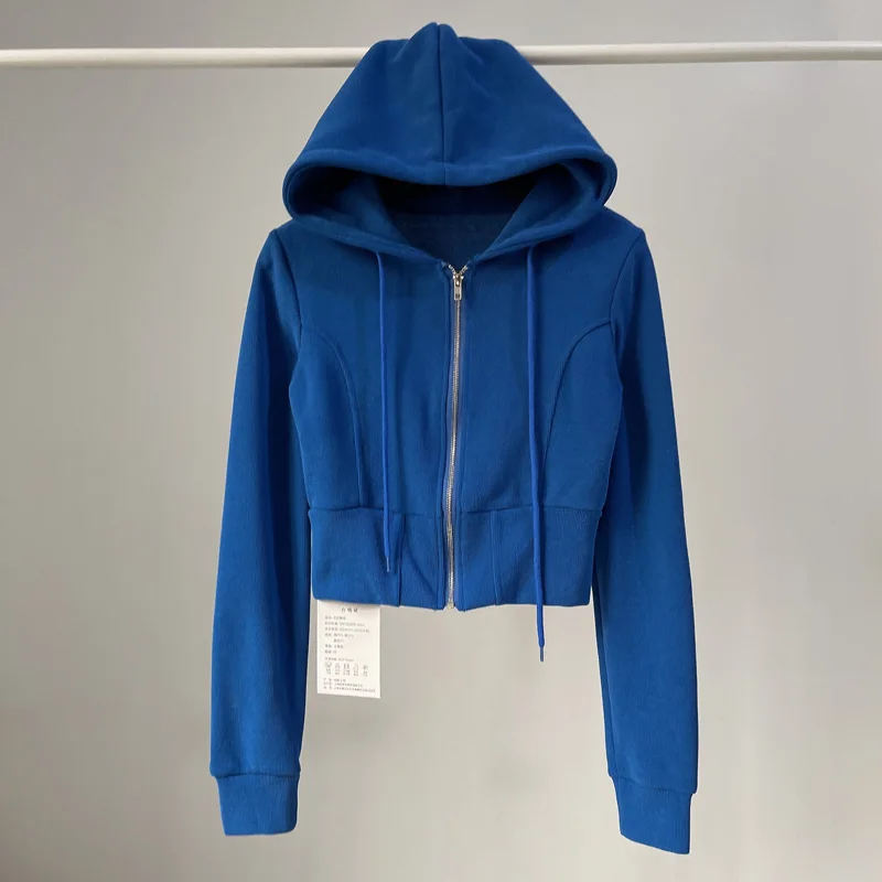 [YOZOU] Cotton Black White Slim Cropped Hooded Zip Up Hoodies Jackets Zipper Coat Green Blue Tops Outwear Sports Women Girls