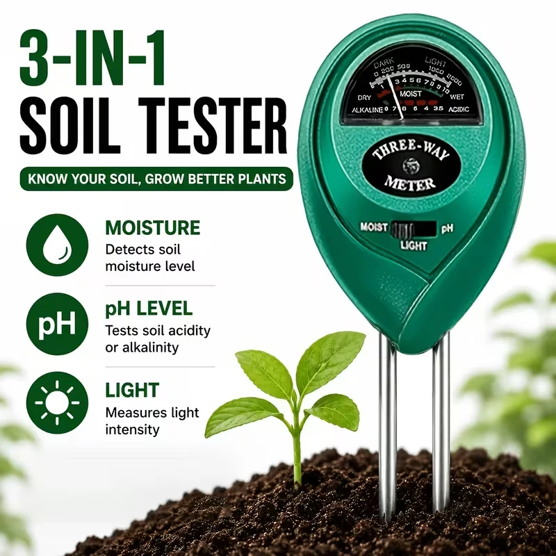 Testeur de sol 3-en-1 (humidité, pH et mesure de la lumière) – Détecteur d'humidité du sol sans piles – Outil de soin des plantes de jardin