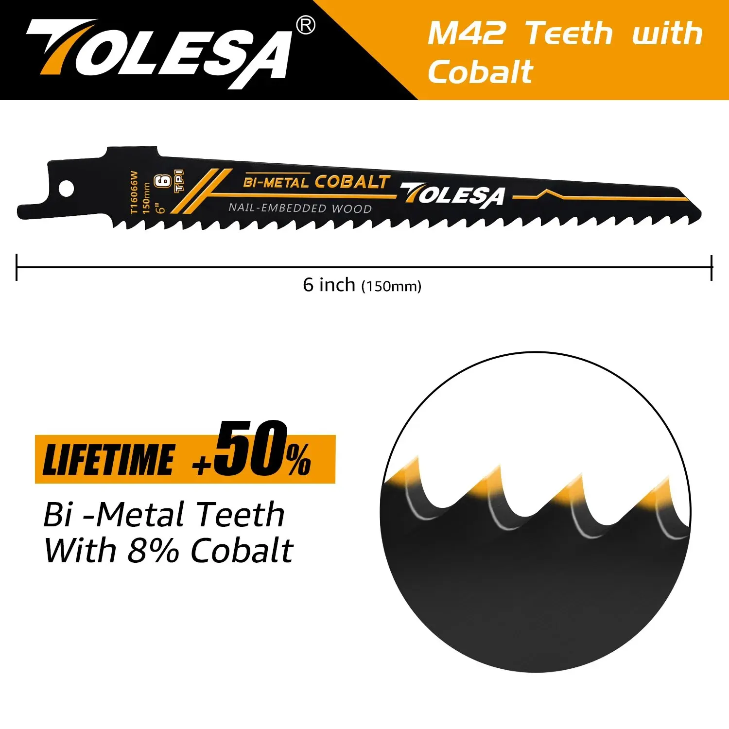 TOLESA 5PCS Reciprocating Saw Blades for Wood Window Door Demolition and Construction Bi-Metal with Cobalt Sharp Cutting 6TPI