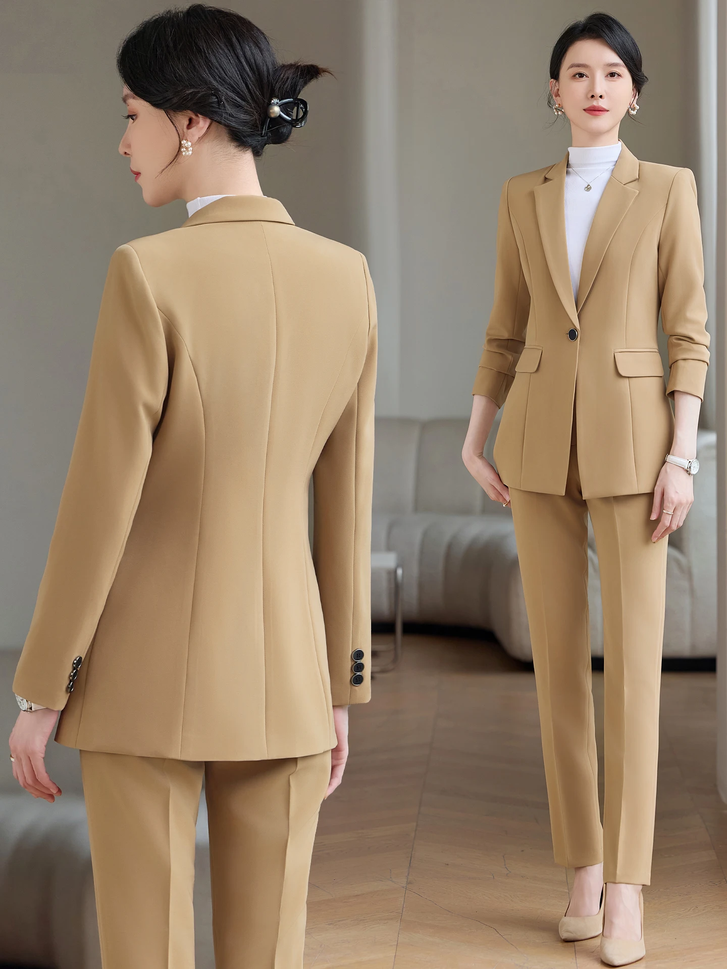 

Khaki Color Women's Suit Jacket 2026 New Spring Commute Waist-Cinching Professional Ladies Workwear Set Slim Fit Polyester Fiber