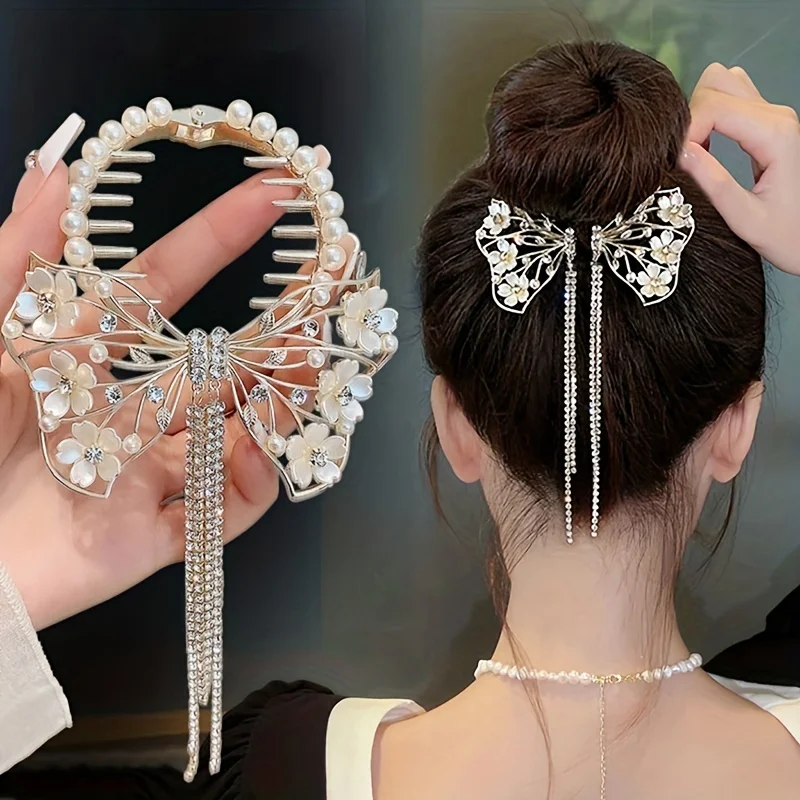 

Exquisite Alloy Hair Clip Fine Hollow Out Butterfly Flower Imitation Pearl Hairpin Chic Rhinestone Tassel Ball Head Barrettes