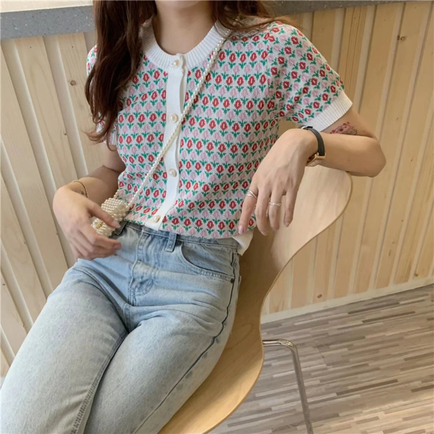 Summer 2022 Hot Shredded Ice knit Short sleeve Cardigan Women half sleeve coat cotton thread top loose T-shirt