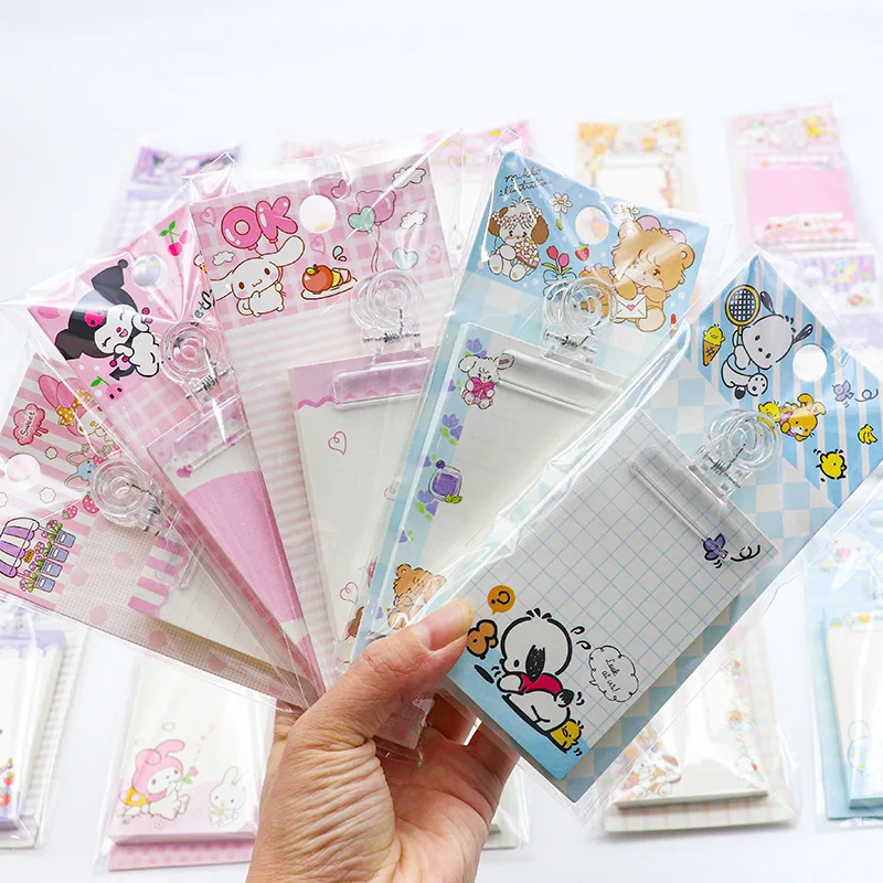 

16pcs/boxed New Cartoon My Melody Kuromi Cinnamoroll Pochacco Clip Notepad Mini Note Diary Student School Stationery Wholesale