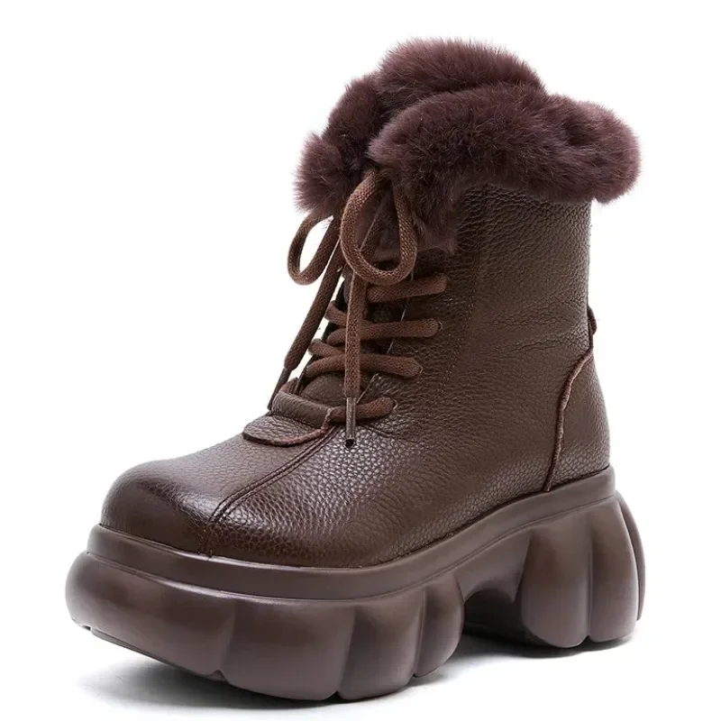 6.5CM New 2024 Design Women Thick Bottom Snow Boots Winter Warm Thick Plush Fur Round Toe High Heel Platform Retro Casual Boots