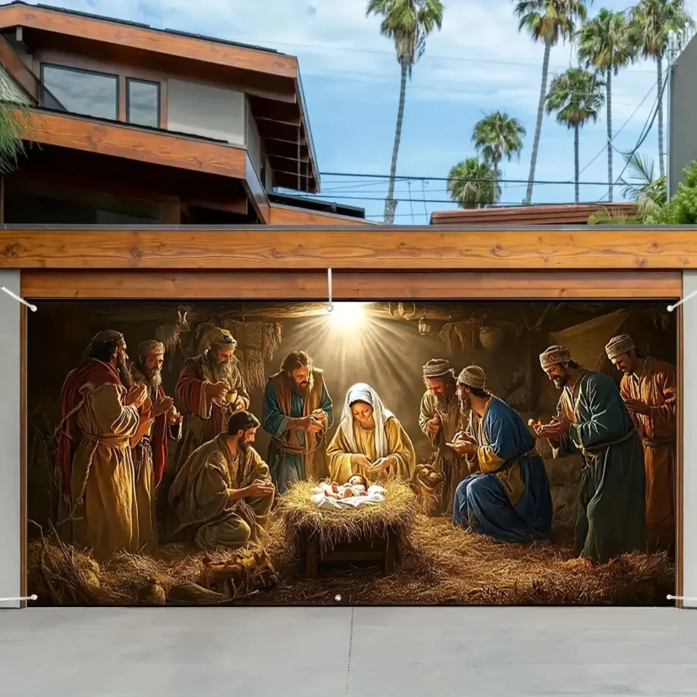 2D Flat, 1pc Large Nativity Scene Christmas Door Banner & Garage Door Decoration - Heavy-Duty Christian Nativity Tapestry with M