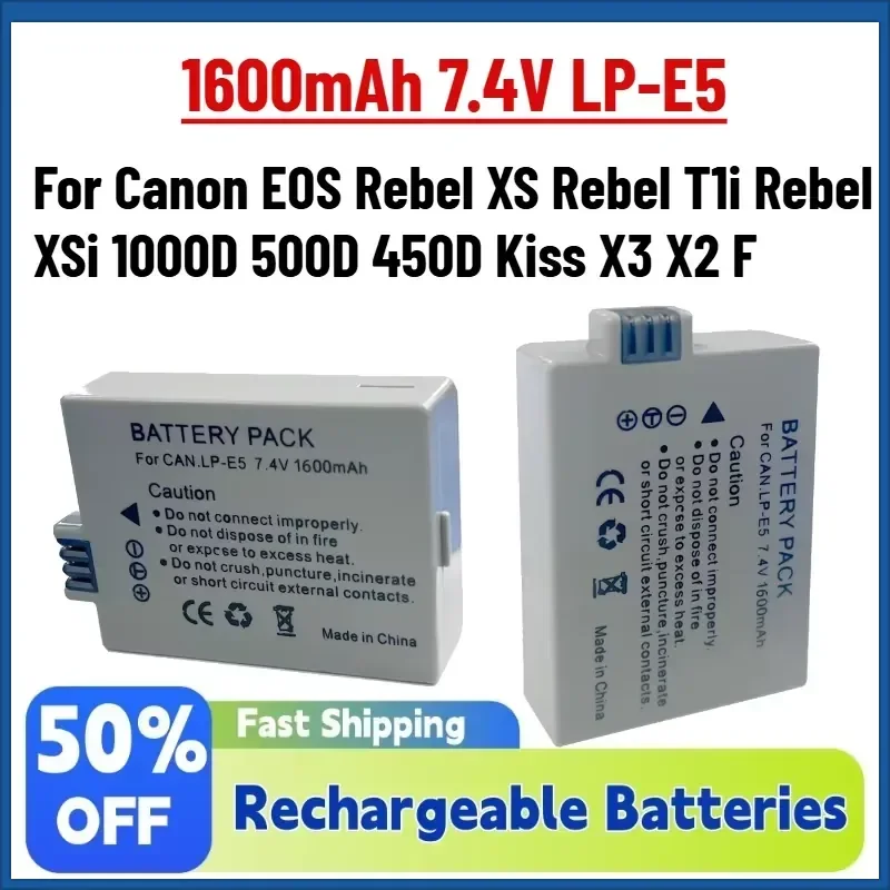 High-Quality New 1600mAh 7.4V LP-E5 LPE5 Battery Pack for Canon EOS Rebel XS Rebel T1i Rebel XSi 1000D 500D 450D Kiss X3 X2 F