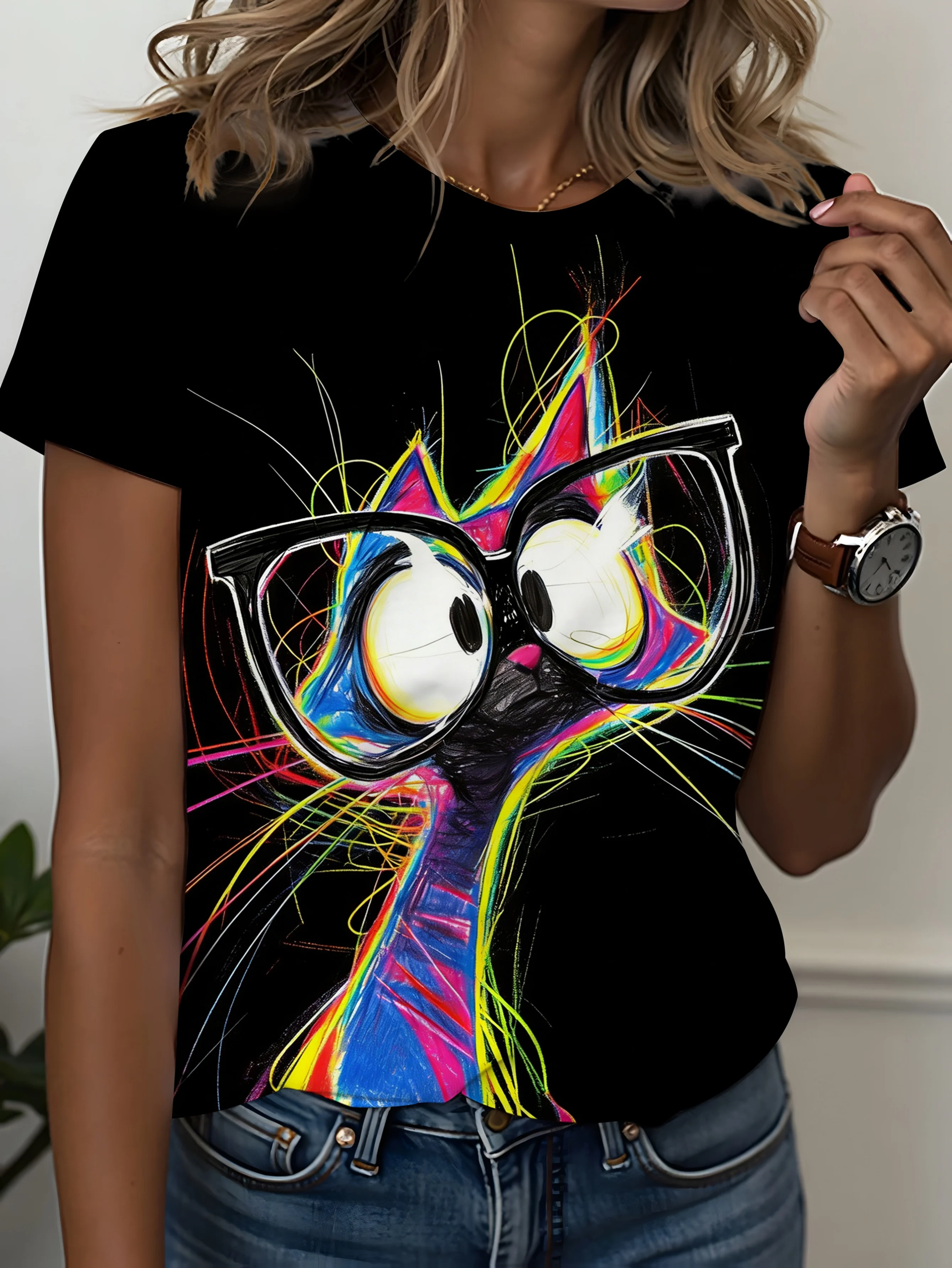 Colorful Cat With Glasses Women's Tee - Funky Art Graphic, Casual Daily Wear