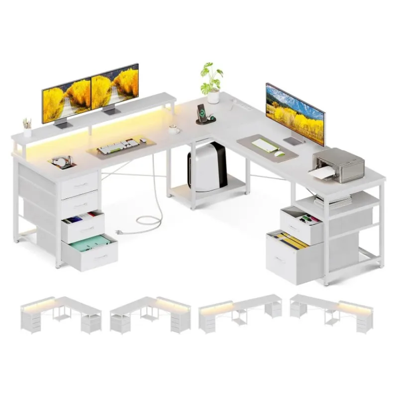 

L Shaped Computer Desk, Reversible Home Office Desk Two Person Desk, Corner Gaming Desk with Monitor Shelf, White