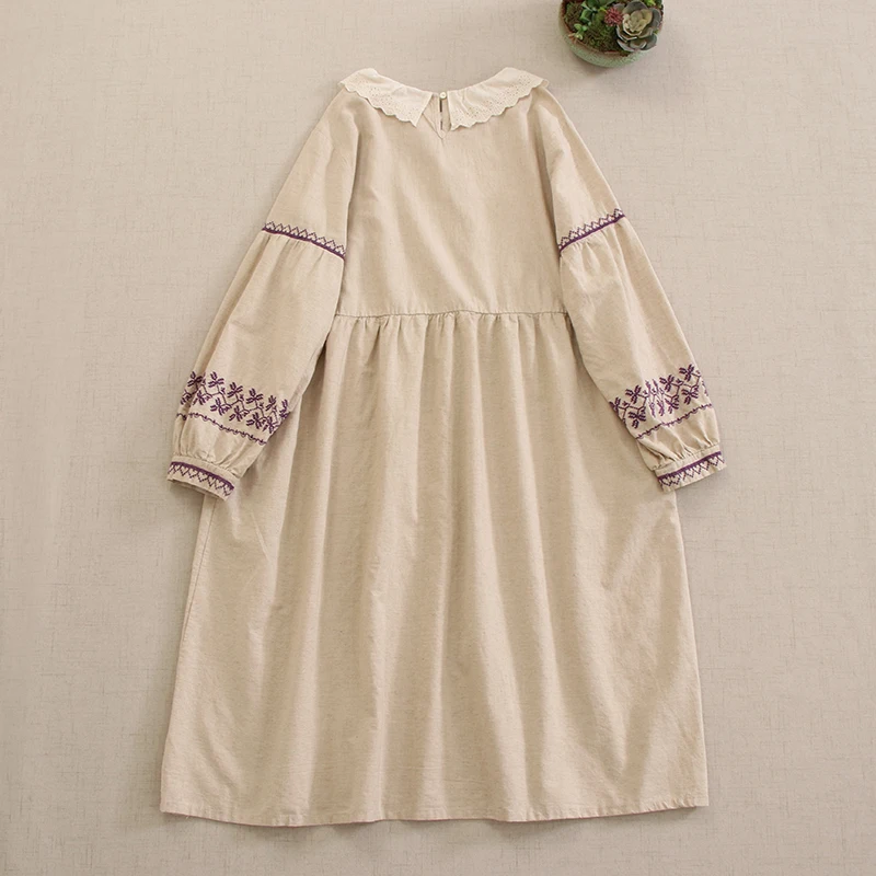 Japanese Sweet Mori Girl Ruffled Collar Embroidery Cotton Linen Dress Women Spring Autumn Long Sleeve Casual Loose Midi Dresses