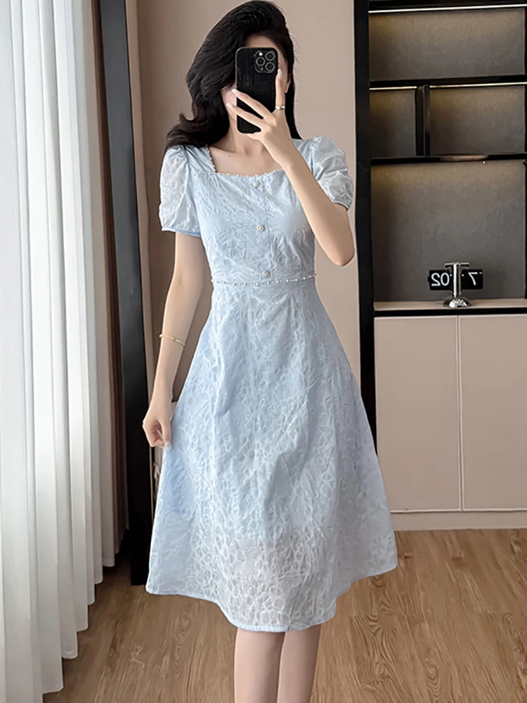 

2025 черное жаккардовое шифоновое платье миди с короткими рукавами и квадратным воротником, женское элегантное повседневное домашнее платье, летнее корейское цельное платье