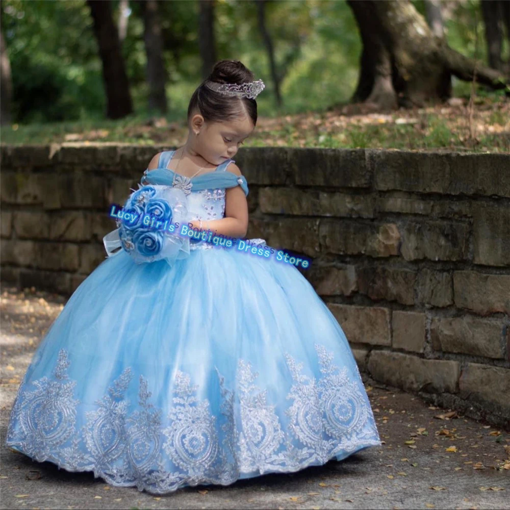 Customized Lovely Flower Girl Dress Blue Tulle Bow White Printed Princess Wedding Dresses Party Ball Kids Birthday Gowns