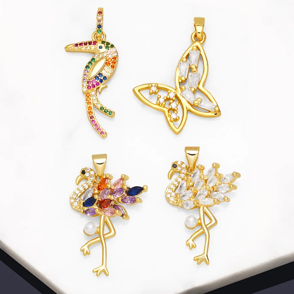 OCESRIO Multicolor Crystal Ostrich Pendant for Necklace Copper Gold Plated Butterfly Woodpecker Jewelry Making Component pdta986