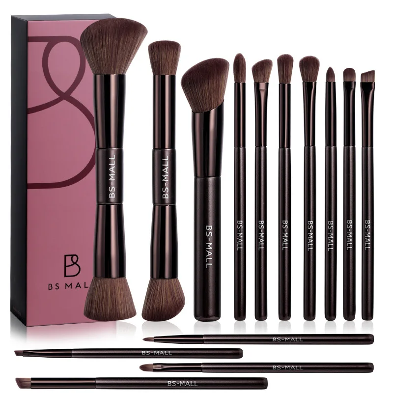 Double-headed 14-piece Coffee-colored Makeup Brush, Blush Brush, Packaged In A Paper Box