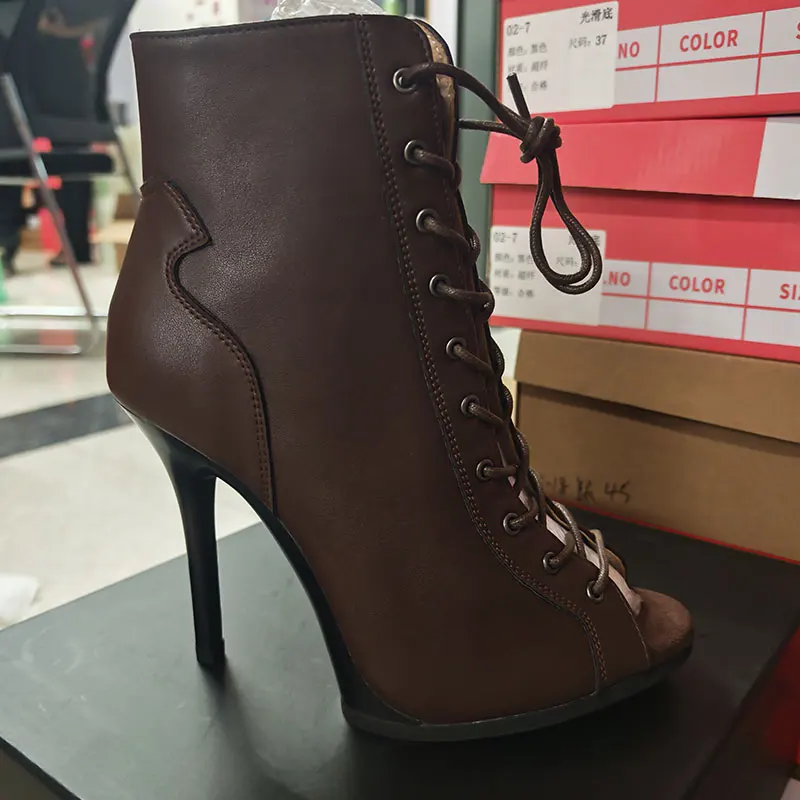 Коричневые туфли для латинских танцев высокого качества по индивидуальному заказу, ботинки на высоком каблуке-шпильке с открытым носком, танцевальные ботинки на тонком каблуке 11 см со шнуровкой