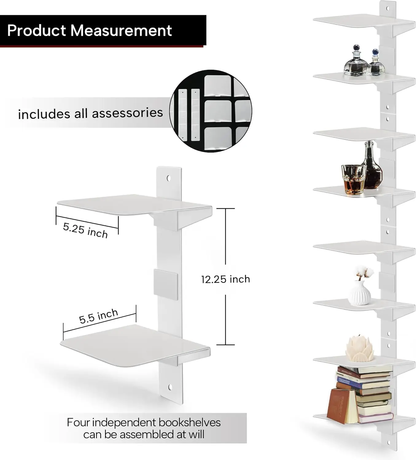 

White Floating Bookshelves-Invisible Floating Bookshelf for Wall -8 Tier Wall Bookshelves,Vertical Spine Book Tower