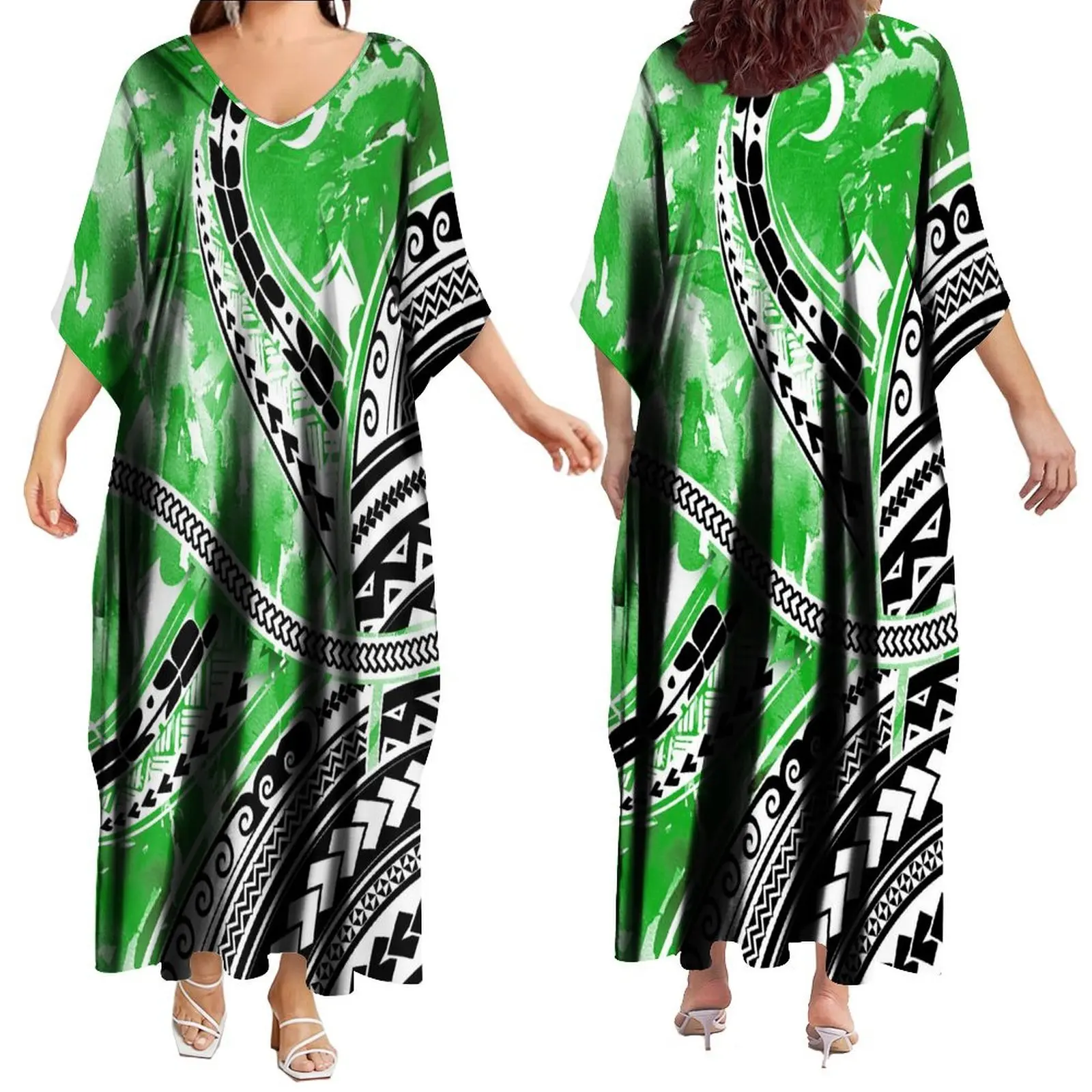 2024 New Women'S Long Dress Polynesian Bat Sleeve Loose Skirt Custom Pacific Island Tribal Ethnic Pattern Printed Dress