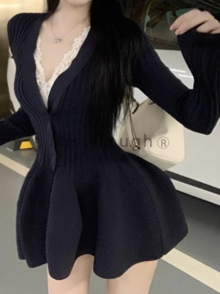 Winter Korean Fashion V Neck Knit Dress Women Designer Sweet Slim Sweater Dresses Female Retro Solid Y2k Knitted Dress New 2024