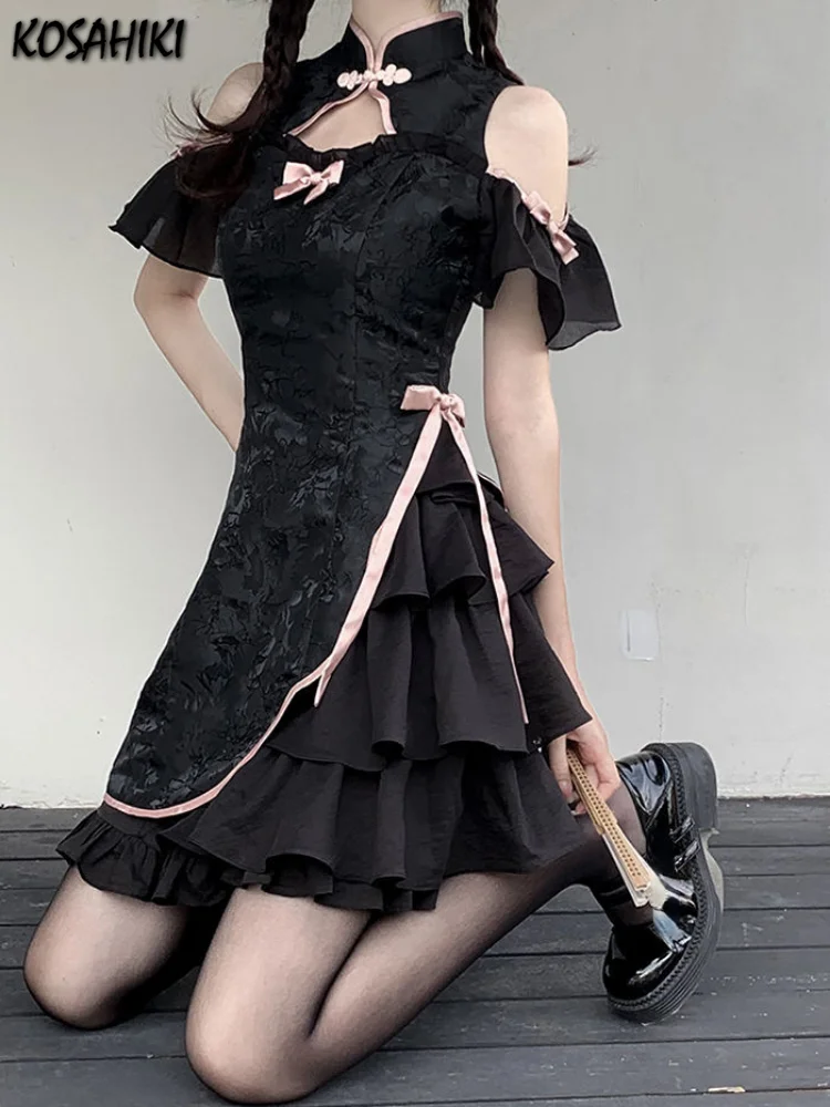 Harajuku Cheongsam Dress Women Off Shoulder Sweet Bow Bandage Gothic Cute Dresses Y2k Sexy Aesthetic Mesh Ruffle Vestido Summer