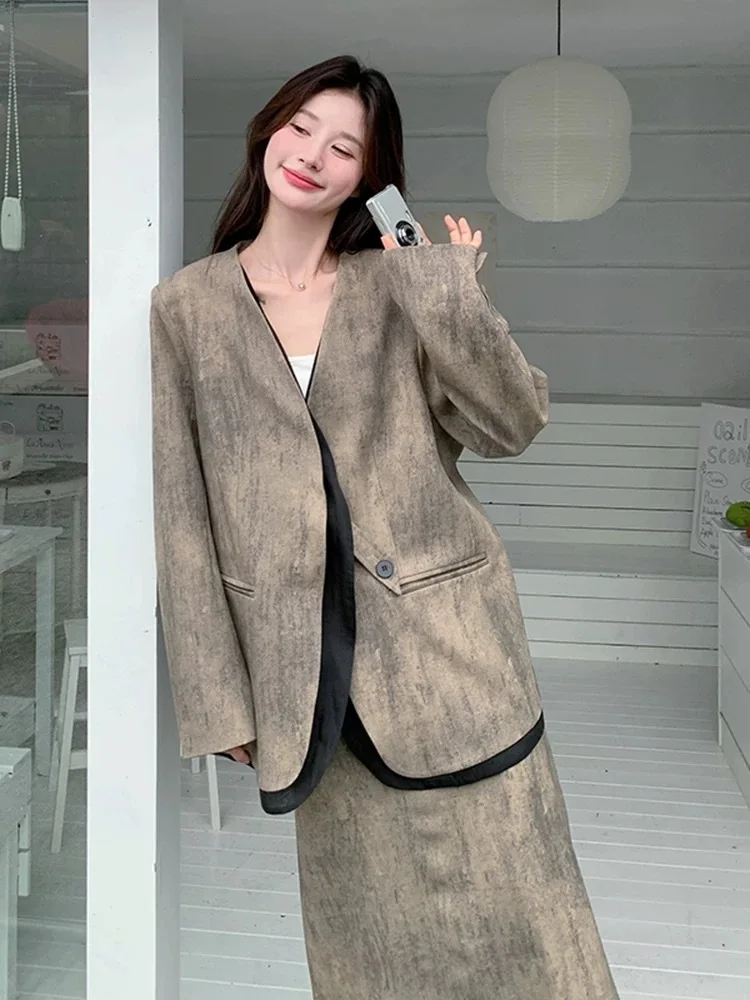 SuperAen Vintage V-neck Single Button Fashion Casual Blazer Women\'s Spring and Autumn New High Waist Skirt Two-piece Set