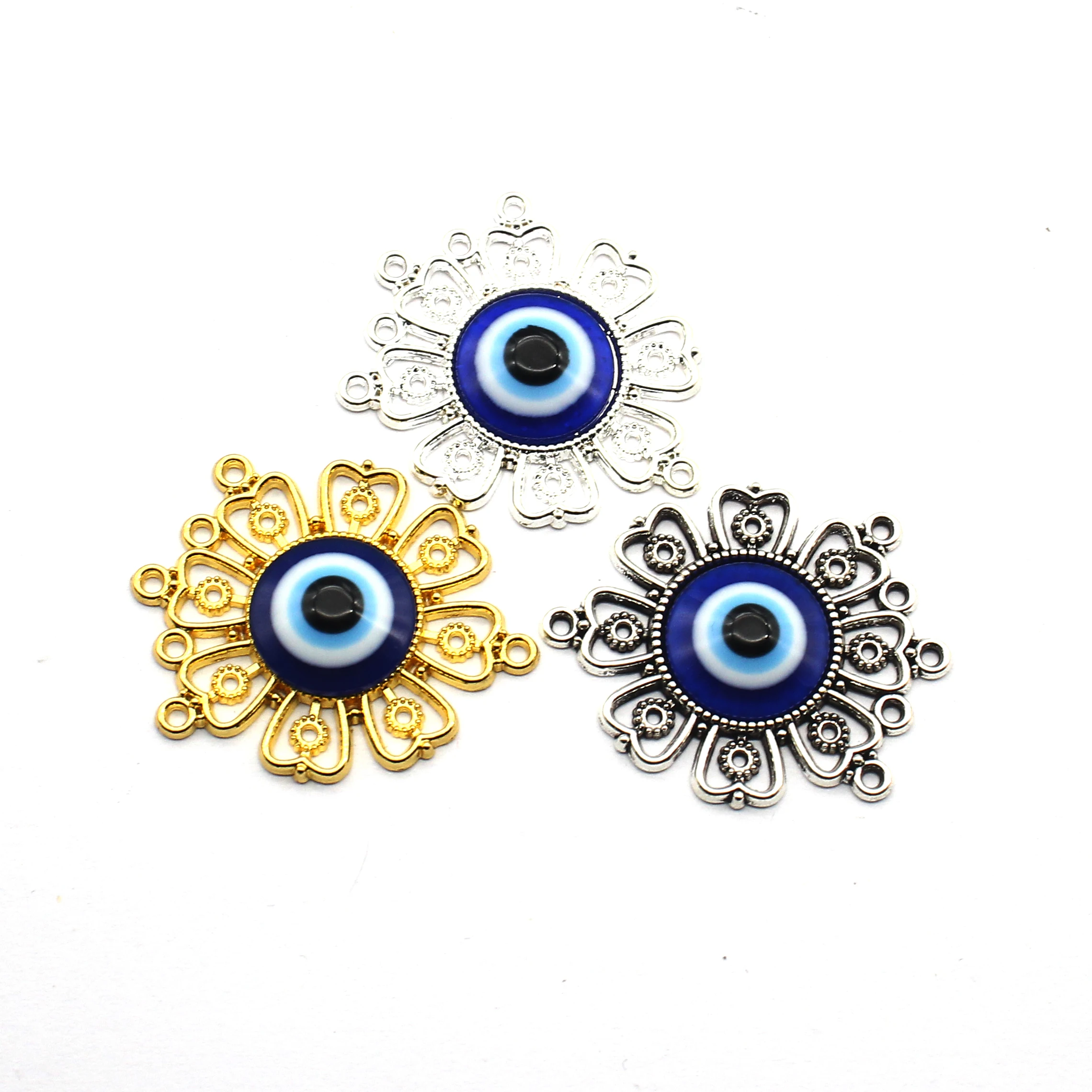 Hollow Flower Evil Eye Pendant 3*3.5cm 2Pcs/Pack Multi‑Loop Alloy Connector DIY Handmade Jewelry Findings