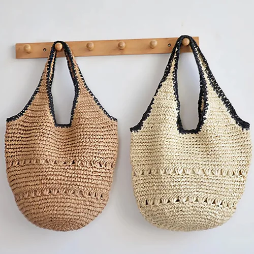 Bolso de paja de gran capacidad para mujer, bolso de mano de paja tejido, bolso de hombro bohemio hecho a mano a la moda, bolso de playa para vacaciones en la playa de alta gama