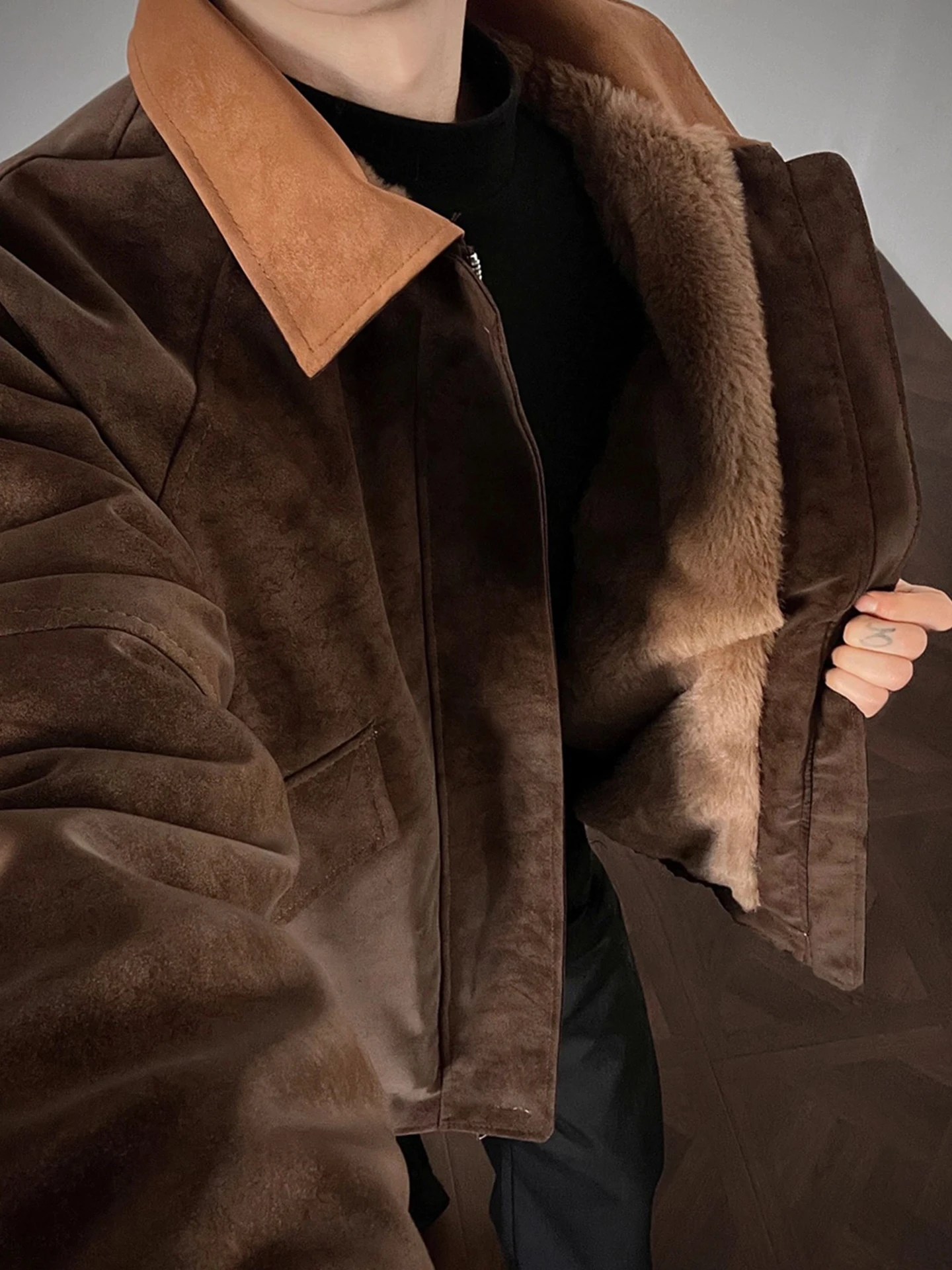 

American Dyed Suede Cotton Jaet Men's Winter Sle Fce Lined Warm Collar Loose Outerwear Casual Faion Youth ular