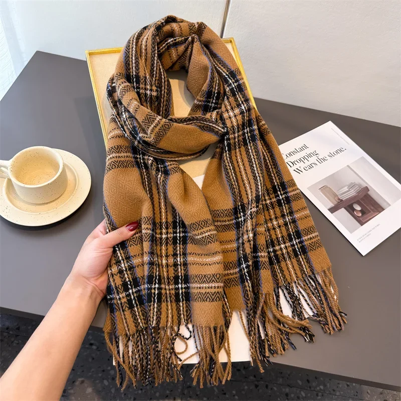 

Korean Retro Style Plaid Women's Winter Scarf Cashmere Warm Shawls and Wraps Thicked Pashmina Female Blanket Scarves
