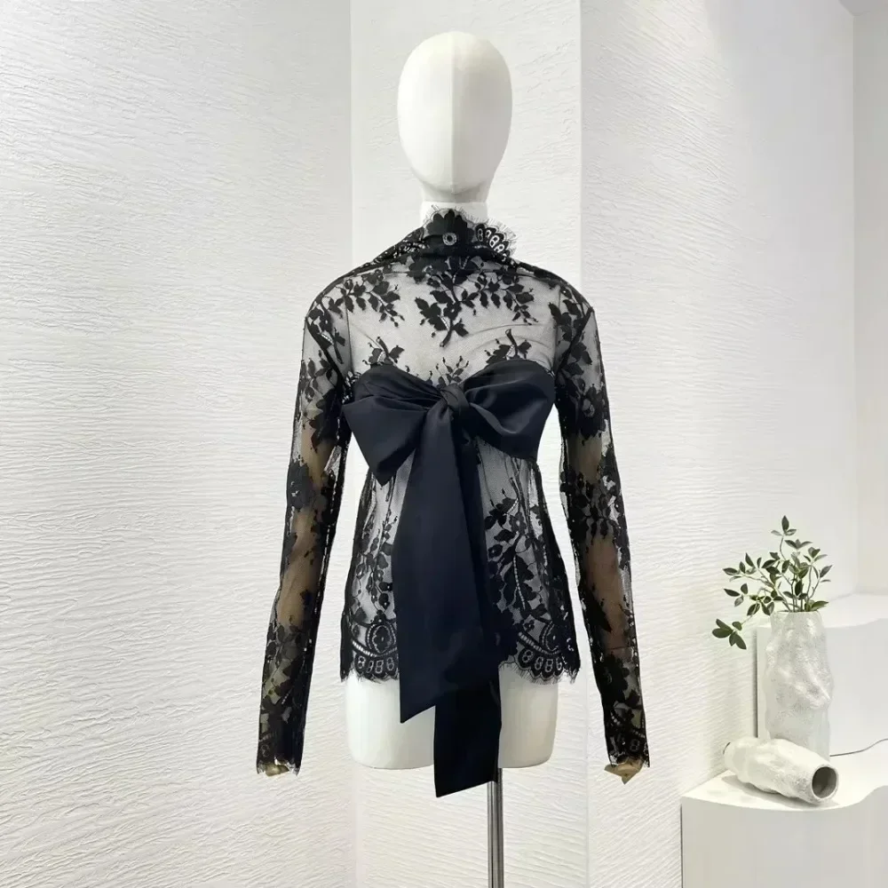 2024 New Vintage High Quality Black Silk Bow Lace Bodycon Full Sleeve Backless See-through Women Blouse Tops