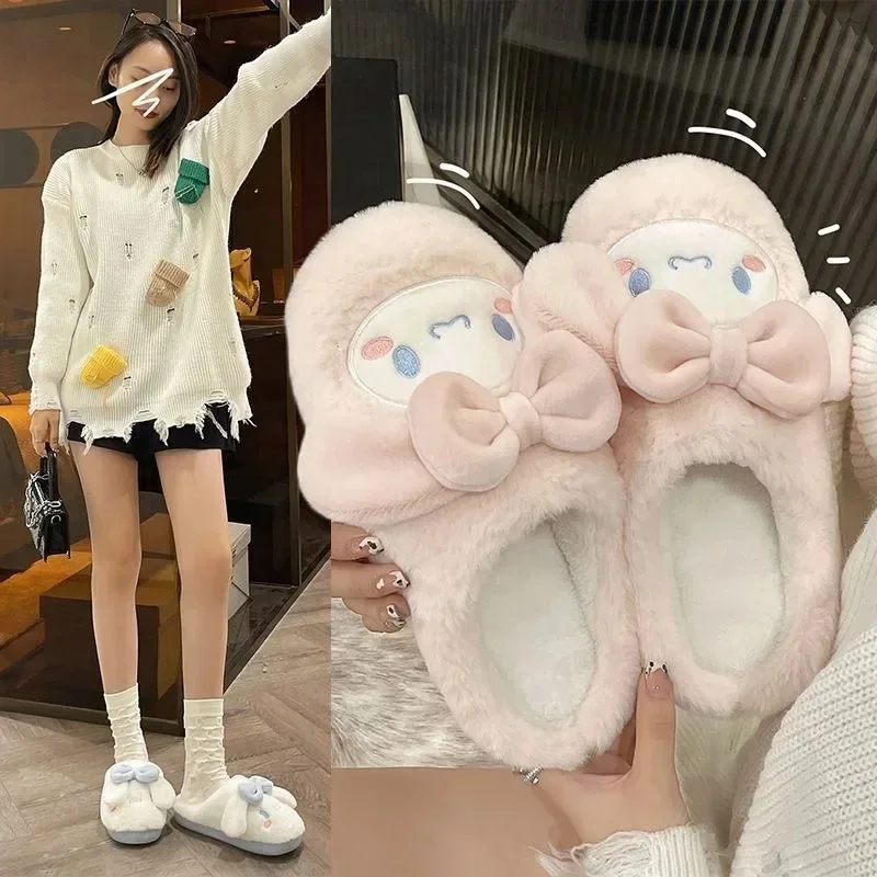 Sanrio Cinnamoroll Cotton Slippers Cartoon Women Autumn and Winter Home Student Dormitory Indoor Plus Velvet Warm Furry Slippers