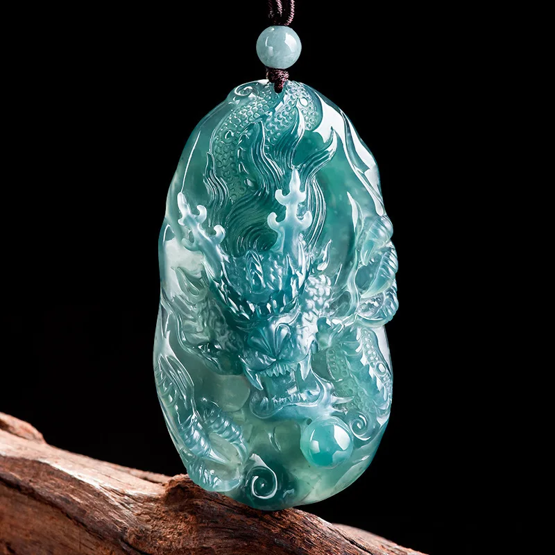 Solitary natural A-grade jade blue water domineering dragon brand atmospheric pendant ice type jade zodiac dragon men's pendant