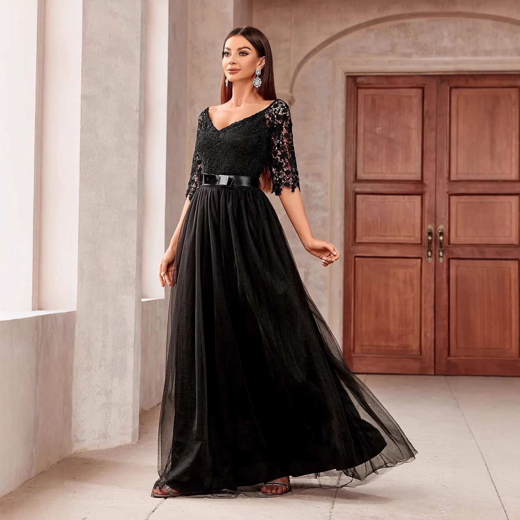 Cross V Neck Lace Shoulderless Evening Dress Maxi Dress Spring Summer Princess Gown Jumpsuit Playsuit Matching Set