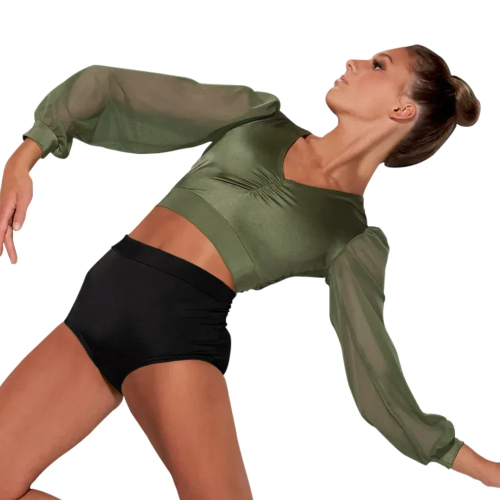 Top corto incrociato senza schienale per ragazze e donne, scollo a V, maniche a sbuffo a tre quarti, costume da danza lirica moderna, completo contemporaneo per la pancia