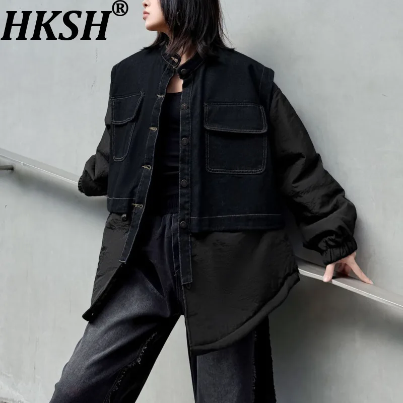 HKSH Autumn Winter New Women's Padded Coat Denim Patchwork Fake Two-Piece Pockets O-neck Single Breasted Y2K Warm Jacket HK14929