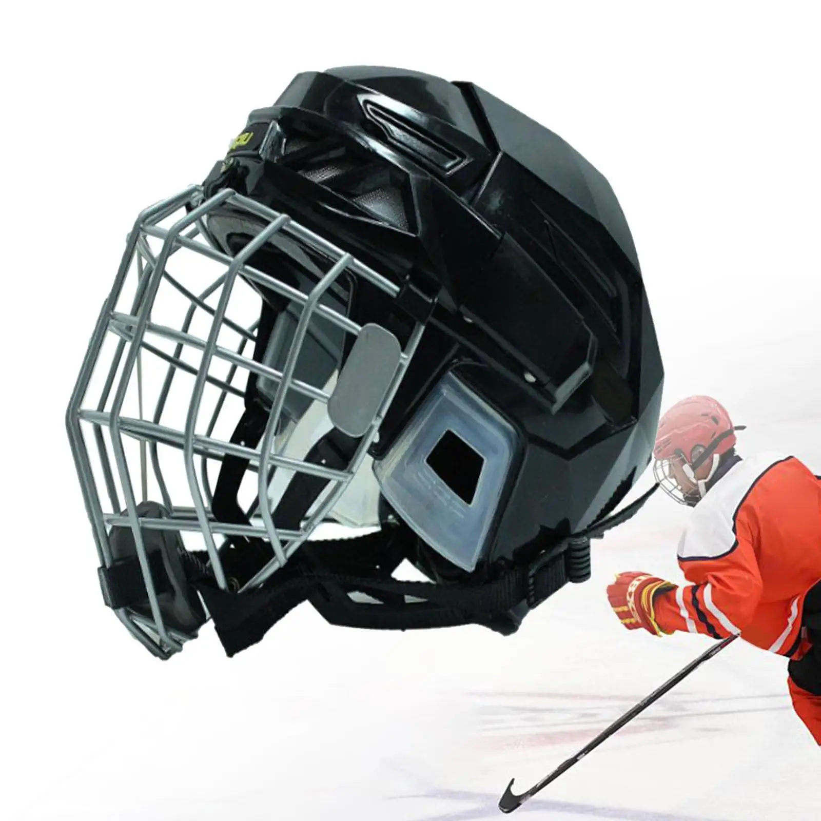 Hockeyhelm Schwarz mit Kinnriemen Schlittschuhhelm Sporthelm Kopfbedeckung Hockey Sportzubehör für Trainingswettbewerb